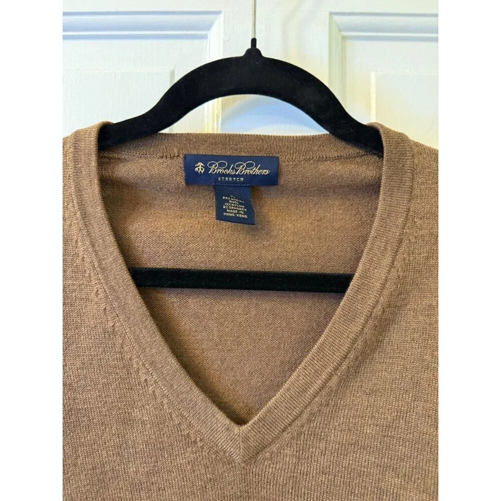 Brooks Brothers Merino Wool Stretch V-Neck Tight Knit Brown Mens Sweater Size XL - Picture 3 of 5